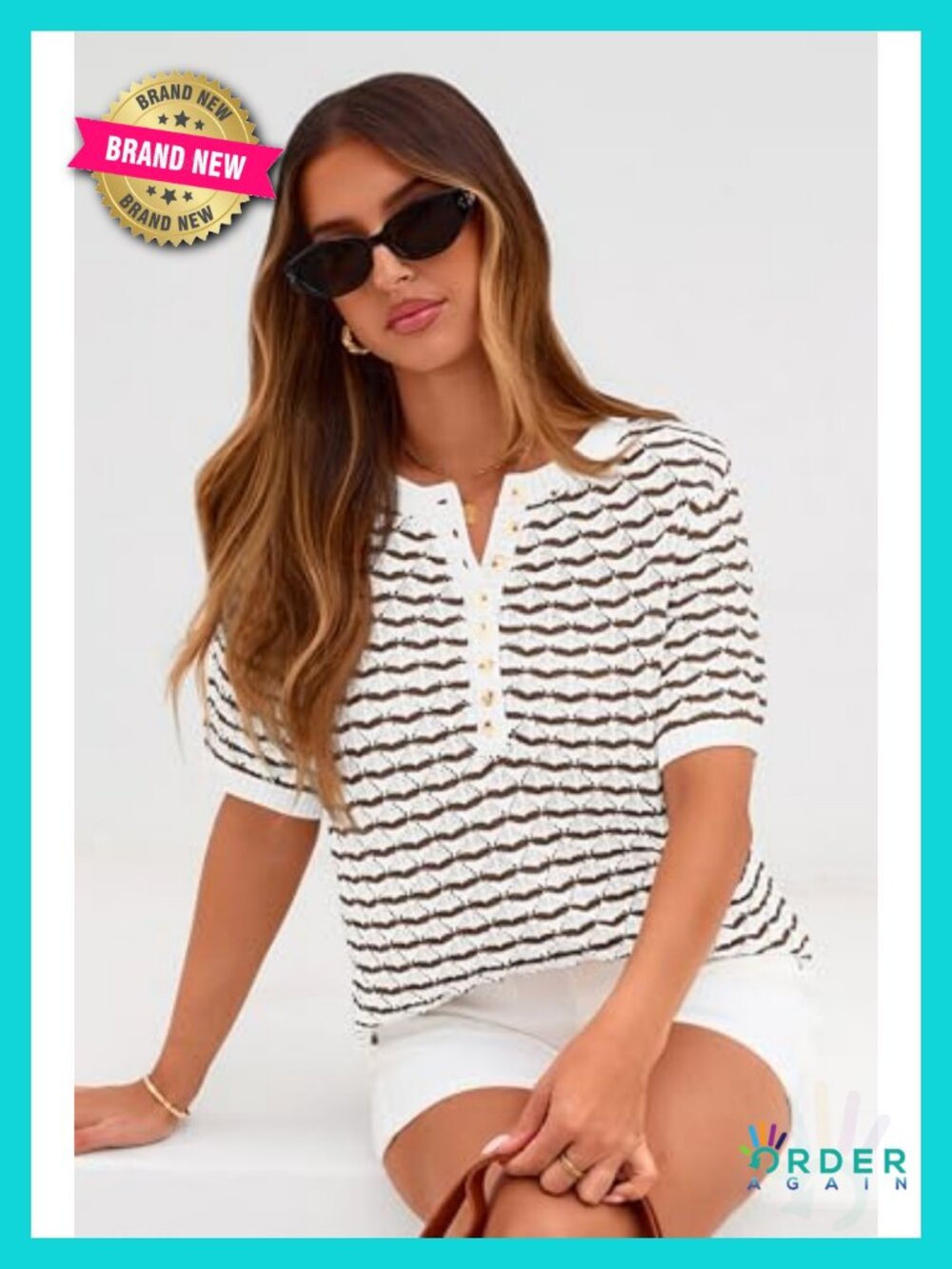 PRETTYGARDEN Womens Summer Striped Short Sleeve Sweater Button Henley Top - Picture 4 of 6